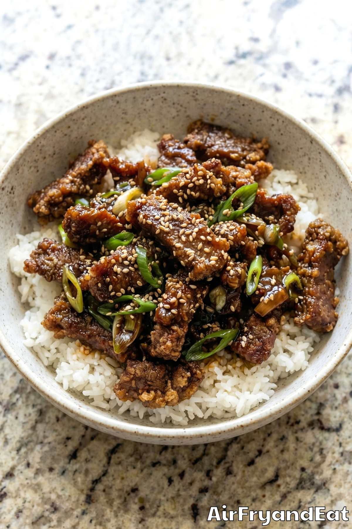 Glossy air fryer Mongolian beef with green onions