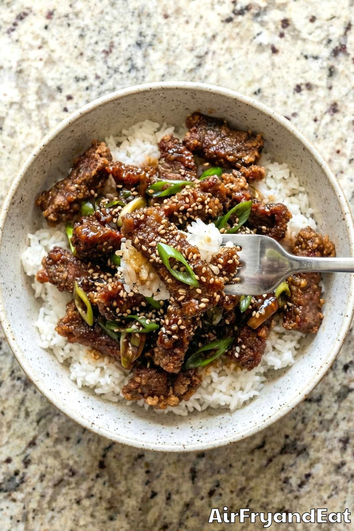 Savory air fryer Mongolian beef in a bowl