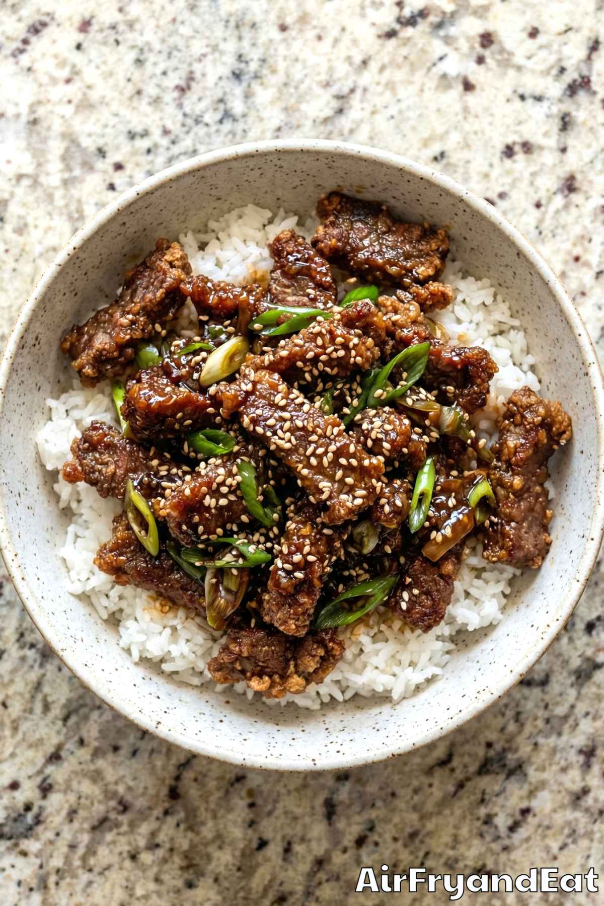 Sticky air fryer Mongolian beef close-up