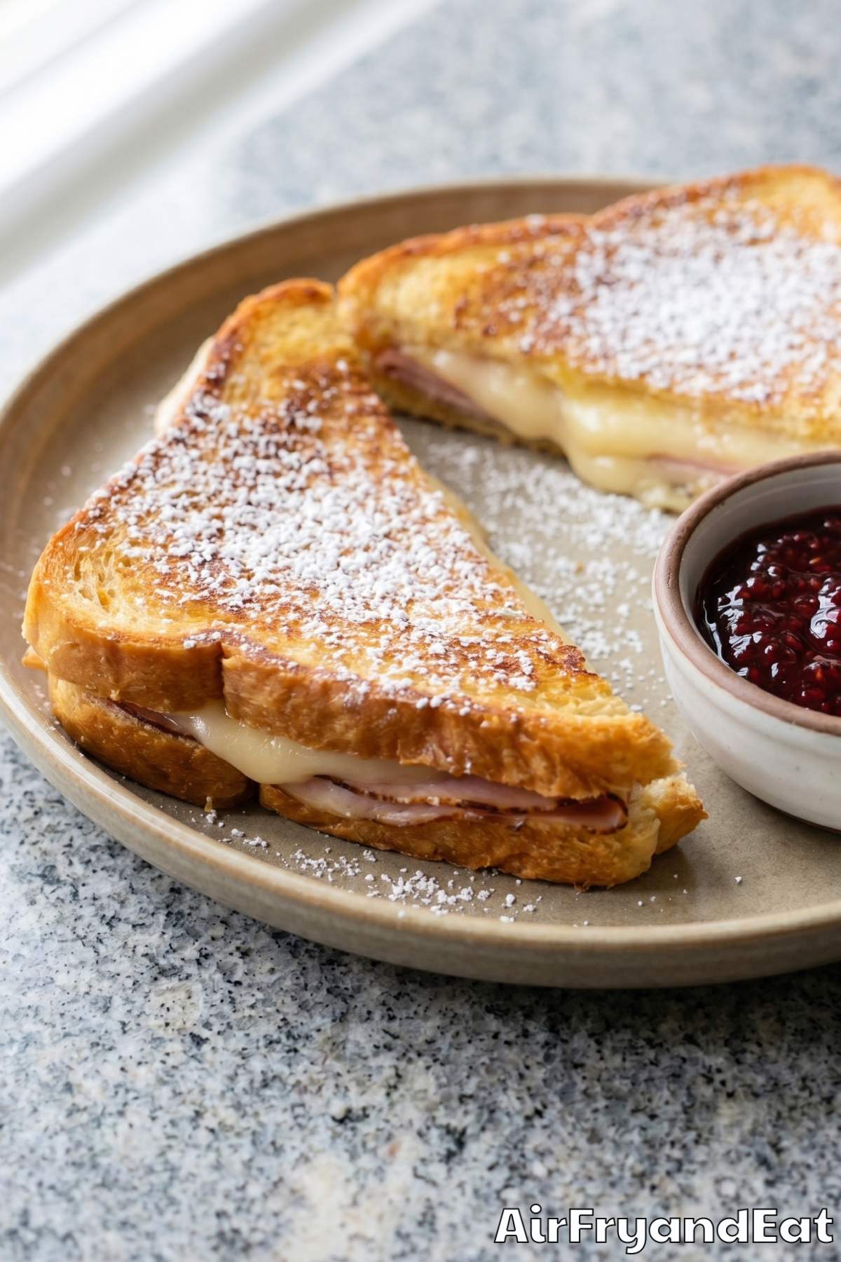 Fluffy air fryer Monte Cristo dusted