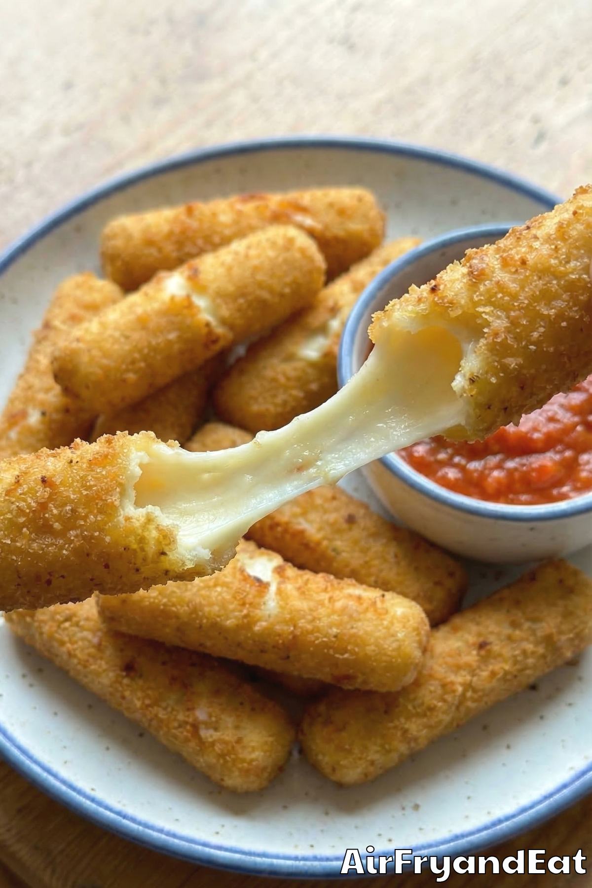 Perfect air fryer mozzarella sticks served
