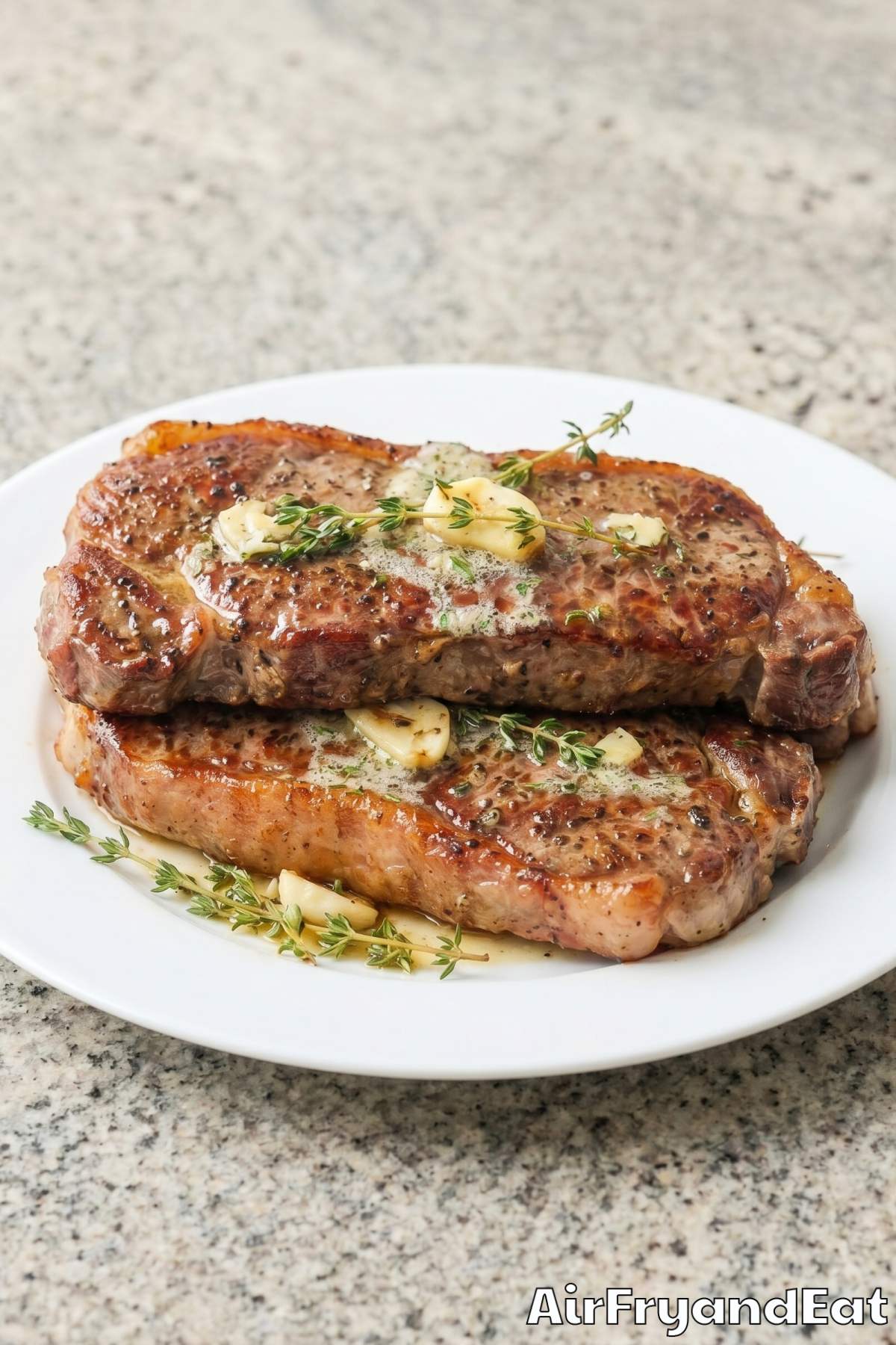 Juicy air fryer New York strip on a plate