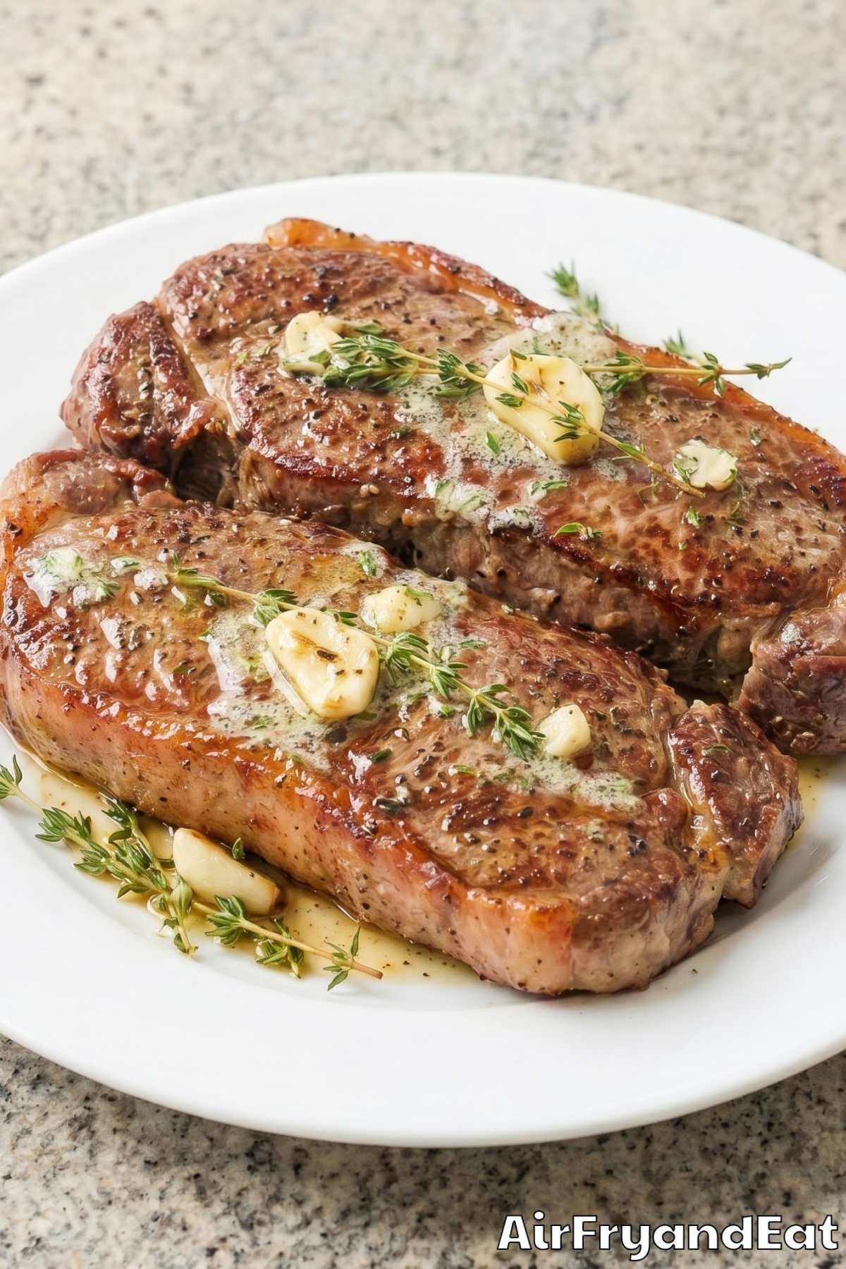 Seasoned air fryer New York strip close-up