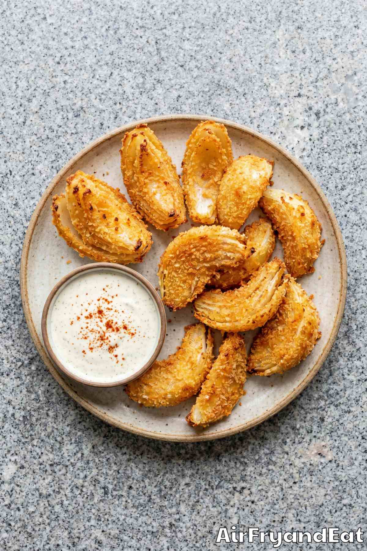 Golden air fryer onion petals close up