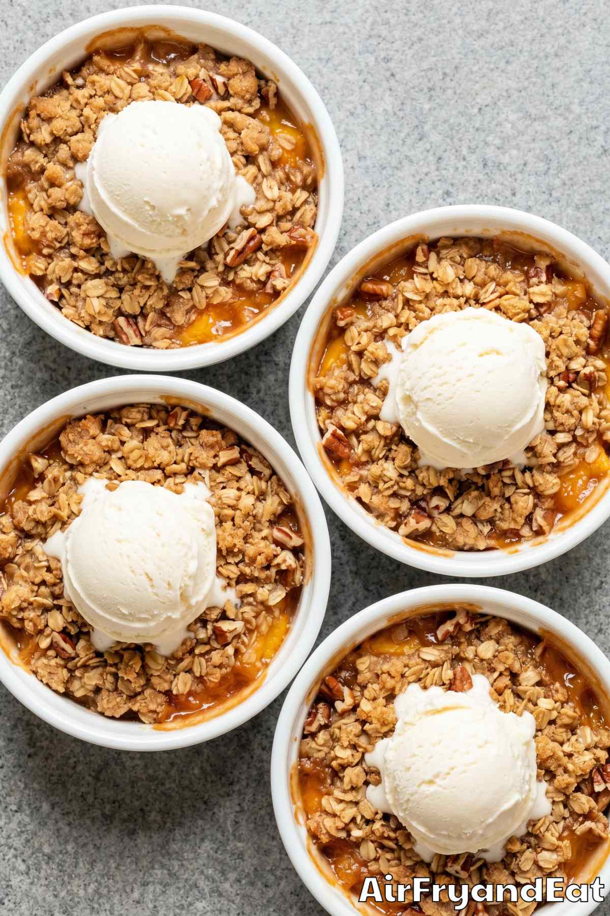Golden air fryer peach crisp close-up