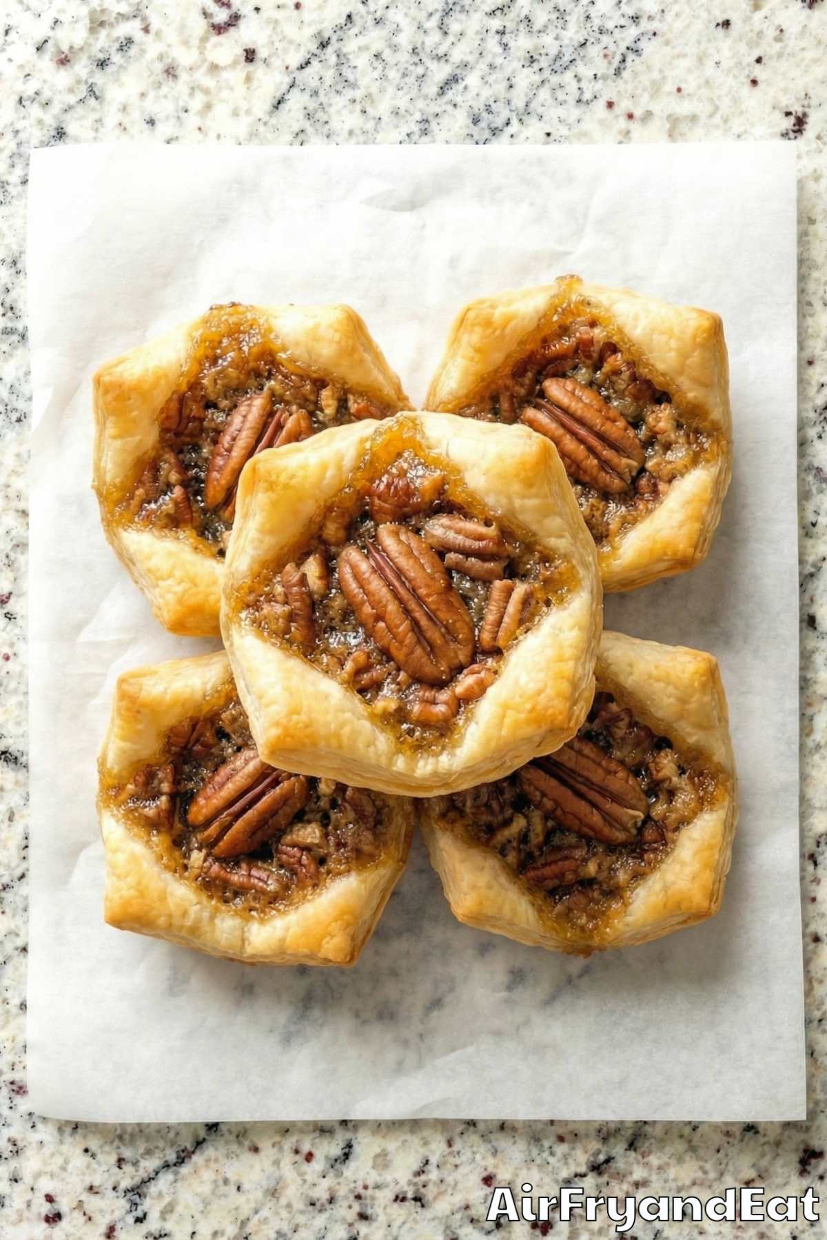 Decadent air fryer pecan pie bites stacked up