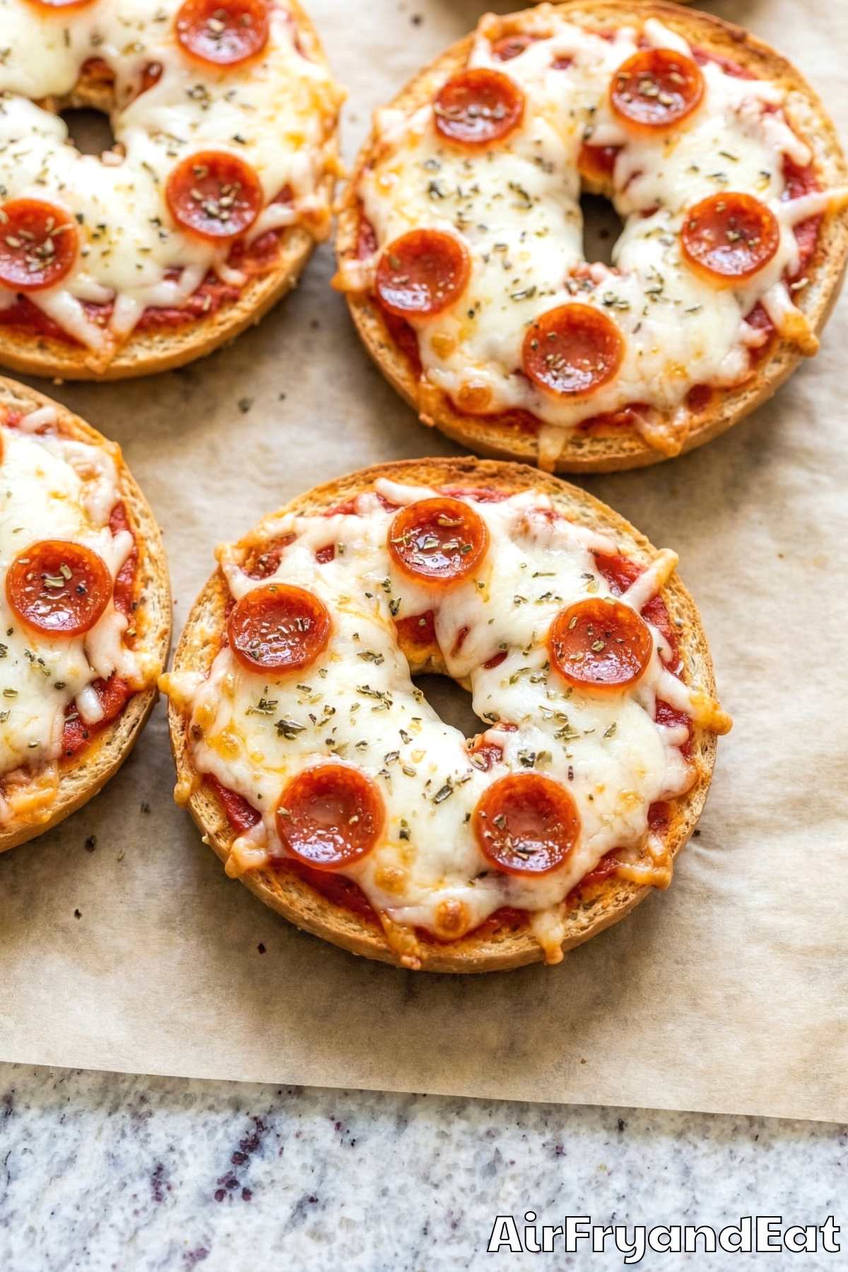 Cheesy air fryer pepperoni pizza bagel halves