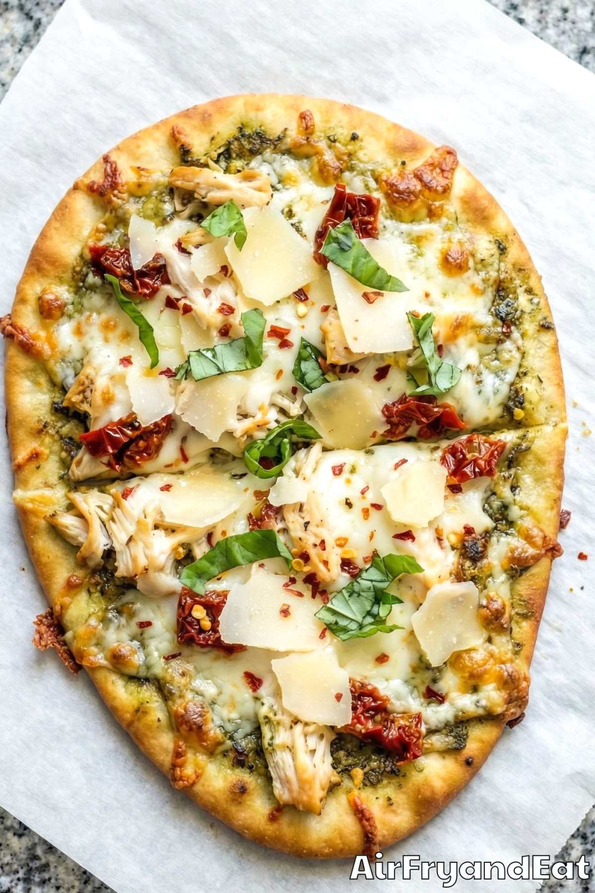 Golden air fryer pesto chicken flatbread