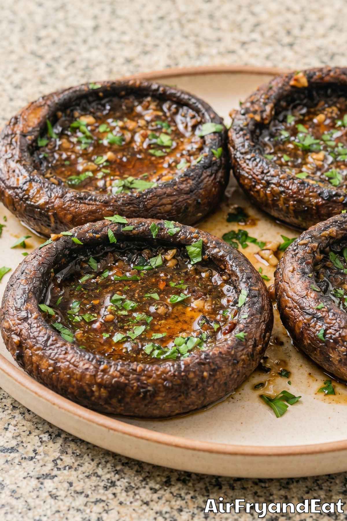 Golden air fryer portobello mushrooms ready to eat