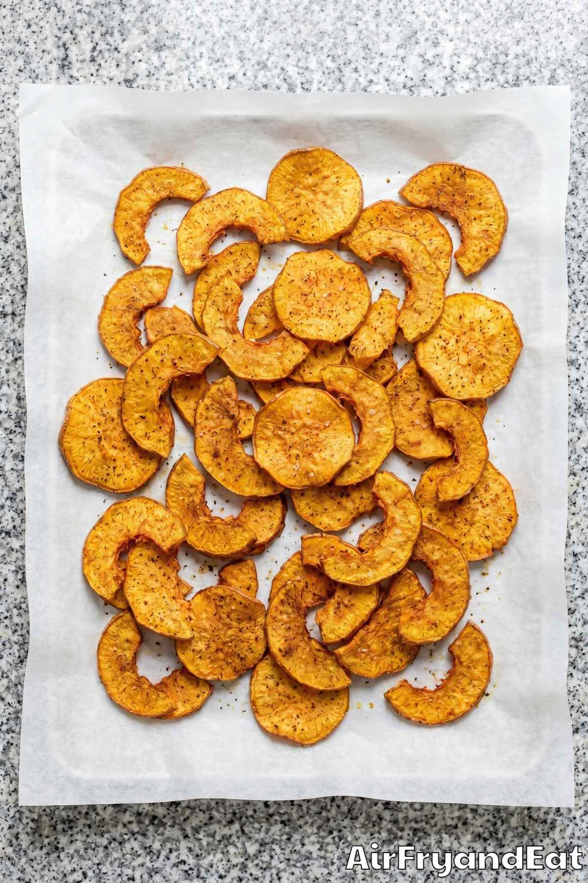 Seasoned air fryer pumpkin chips stacked up