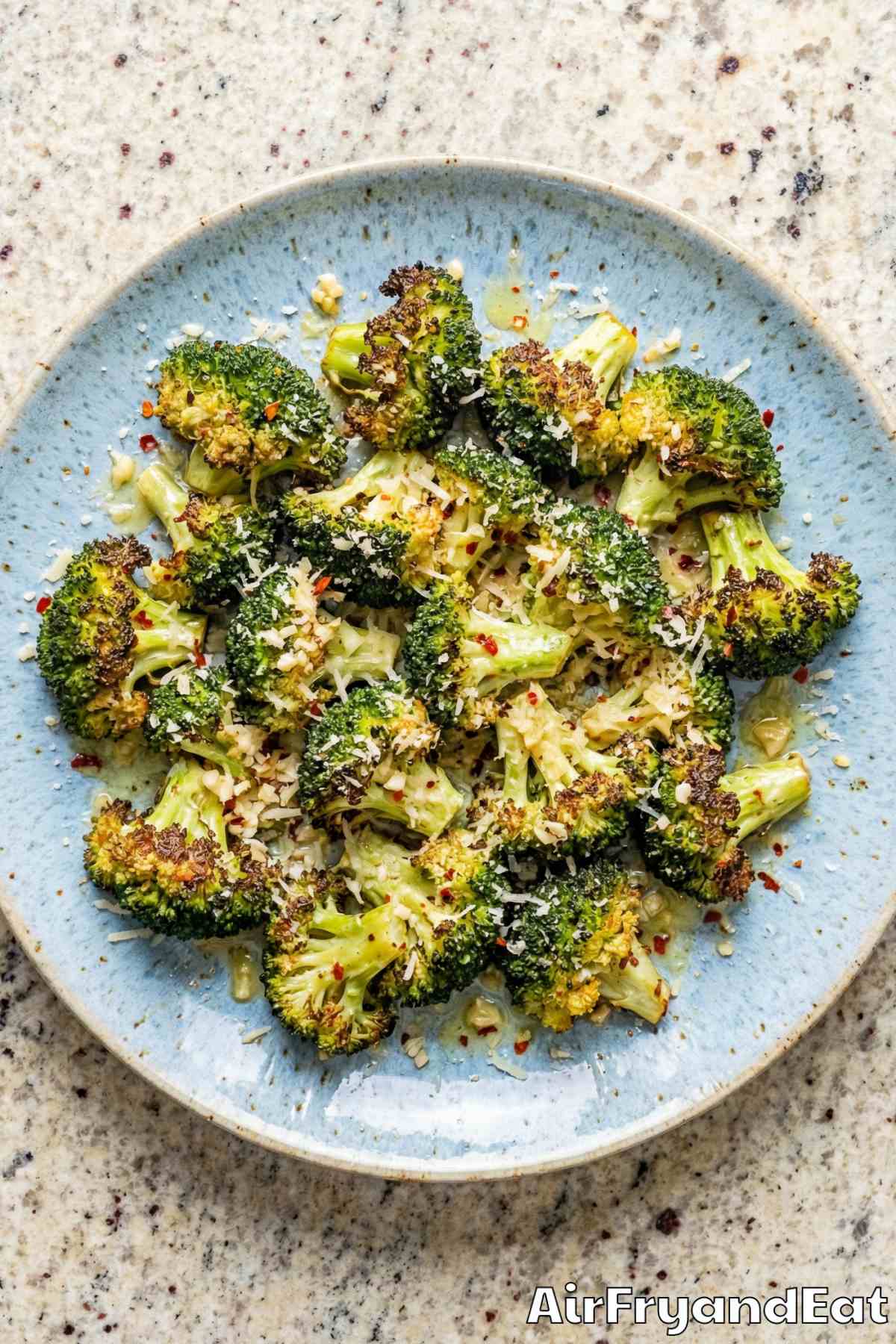 Savory air fryer roasted broccoli close-up