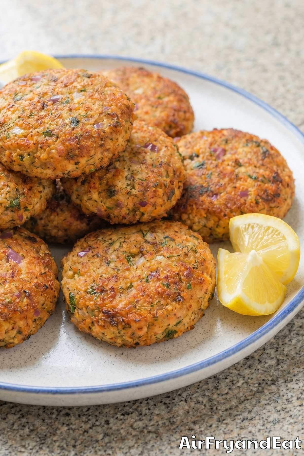 Homemade air fryer salmon patties plated