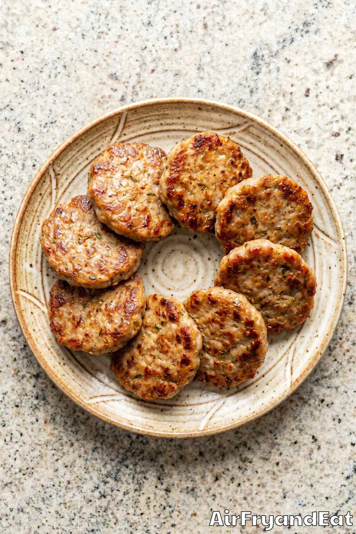 Golden air fryer sausage patties close up