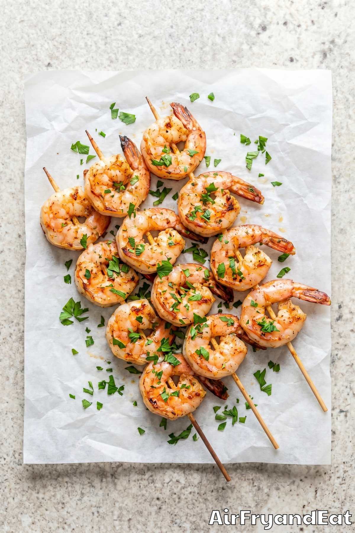 Seasoned air fryer shrimp skewers up close