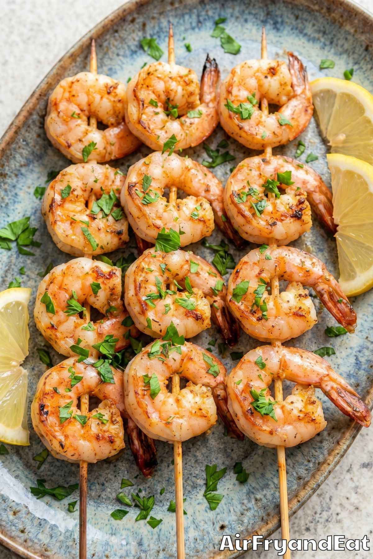 Juicy air fryer shrimp skewers ready to serve