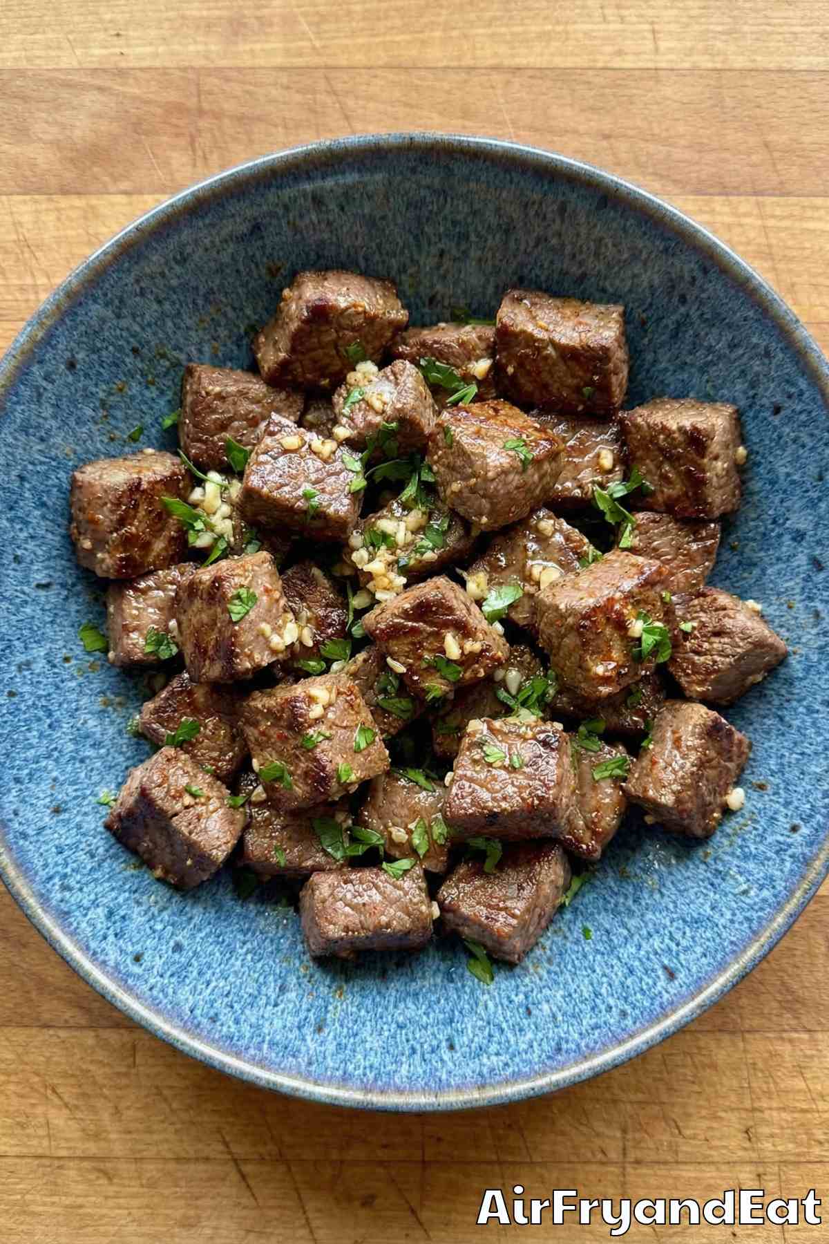 Hearty air fryer steak bites in garlic butter