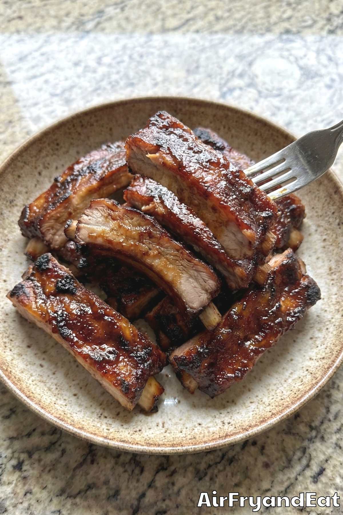 Glazed sticky BBQ pork ribs in air fryer