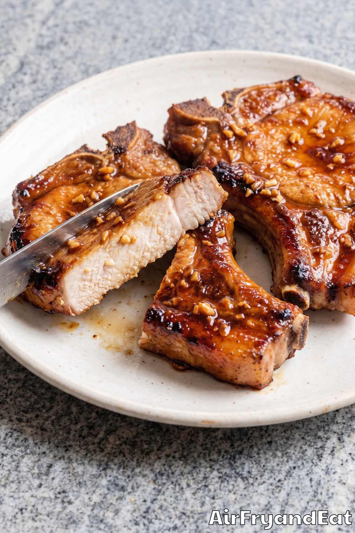 Savory honey soy pork chops close up