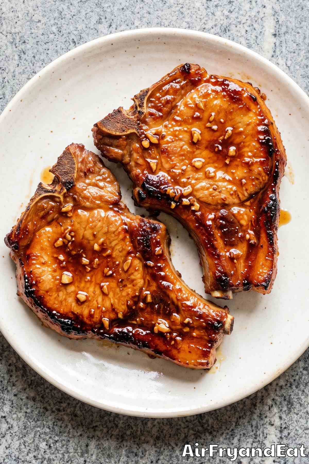 Air fryer pork chops coated in honey soy