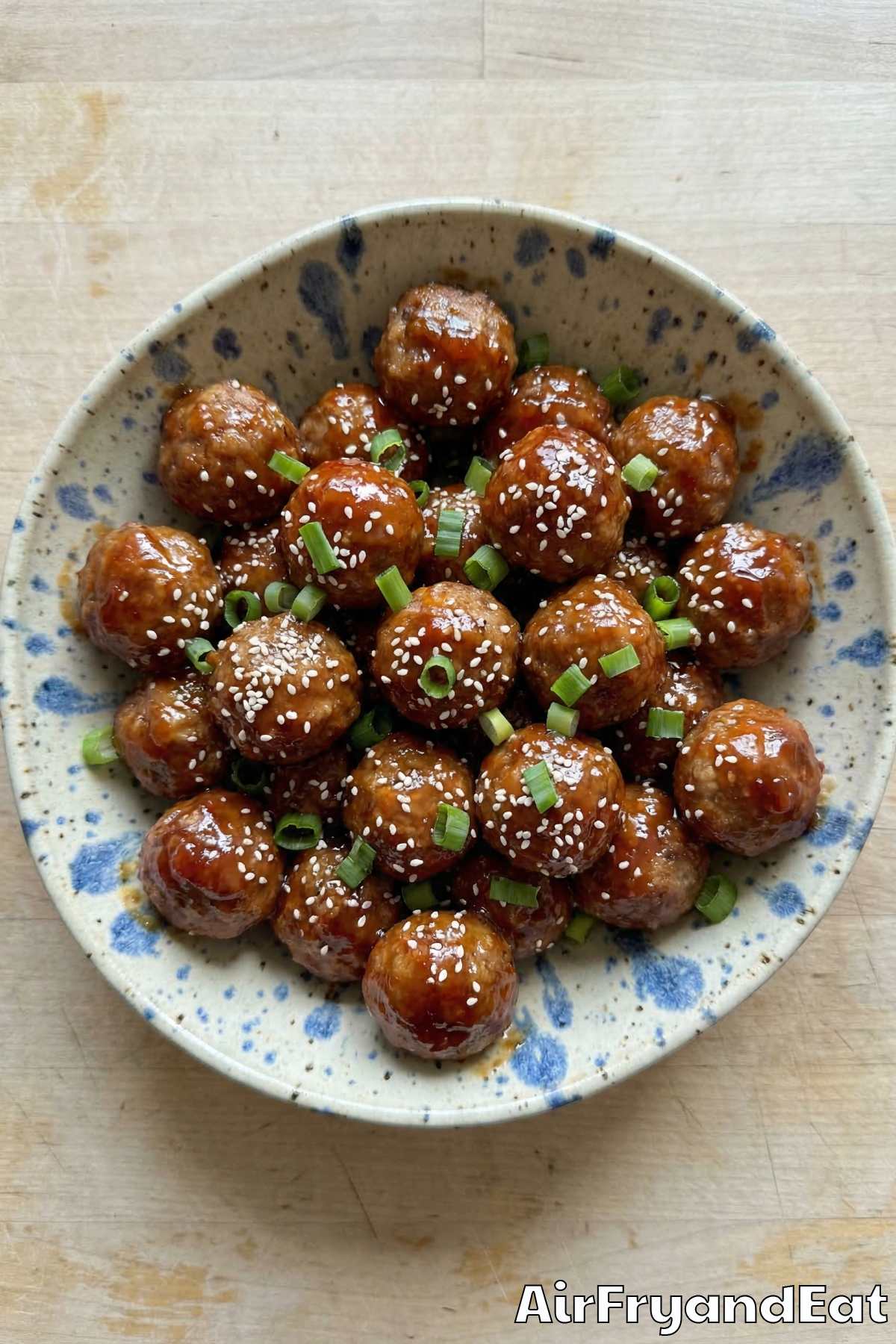 Air fryer sweet chili glazed meatballs closeup