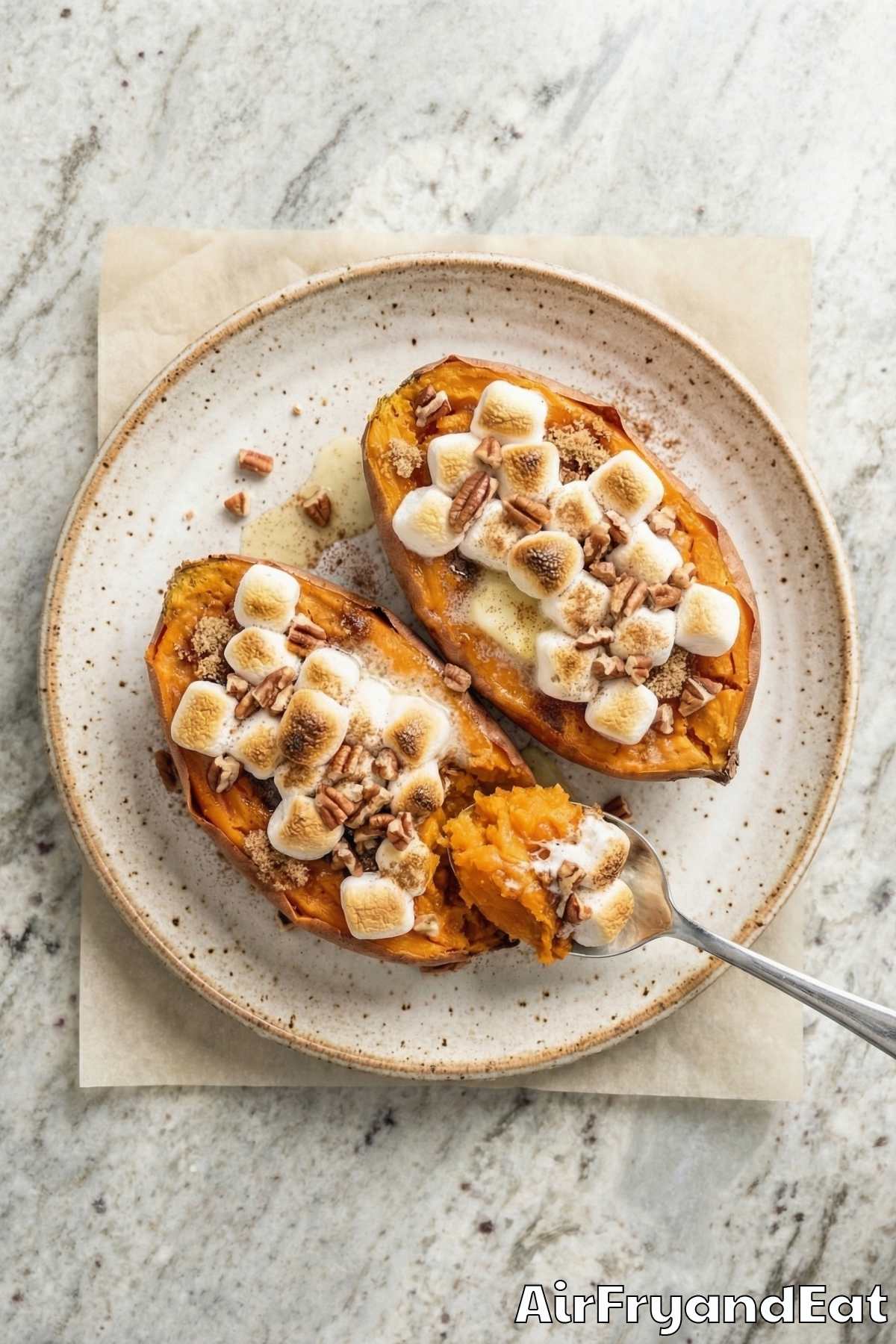 Fluffy air fryer sweet potato casserole boats