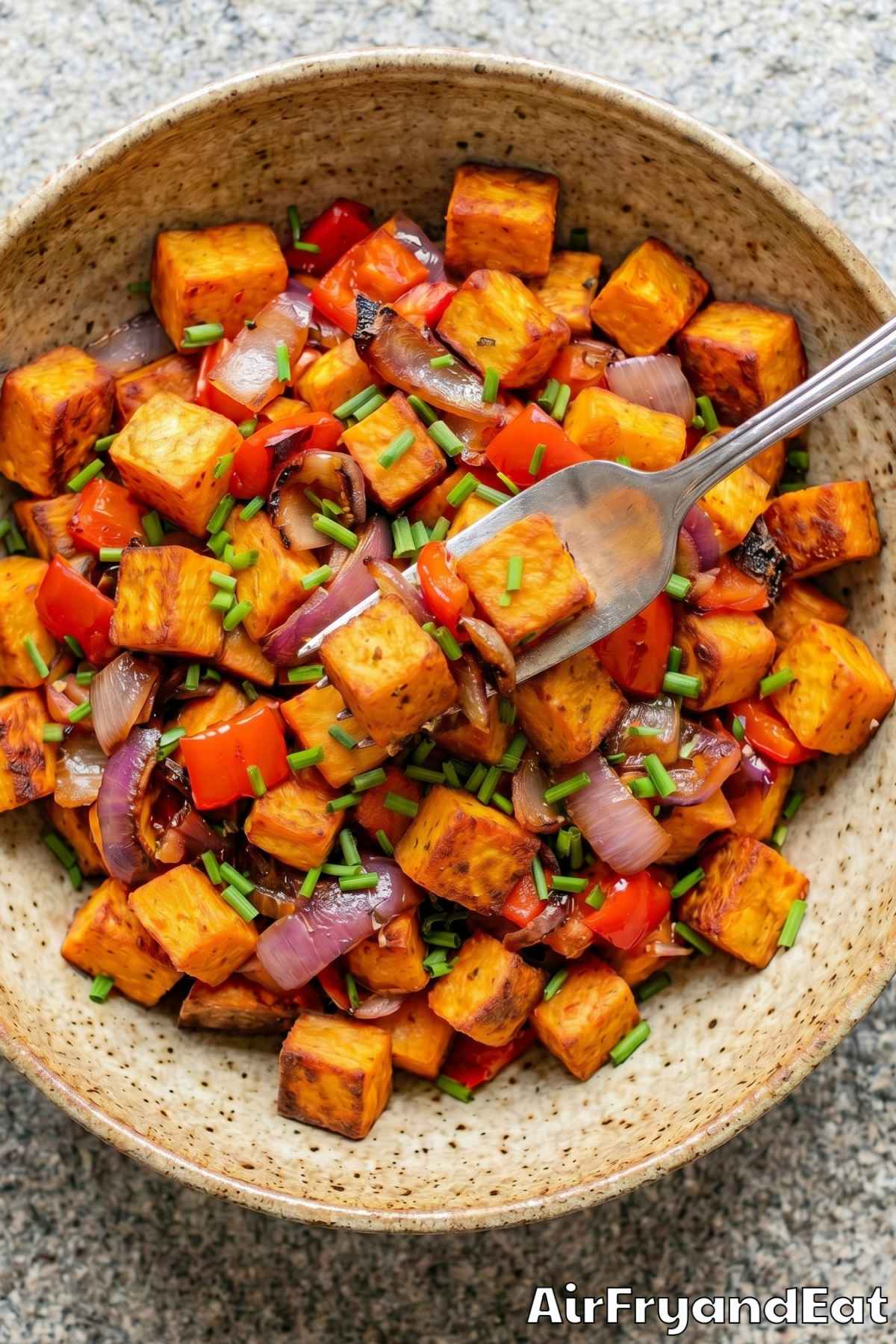Easy air fryer sweet potato hash in skillet