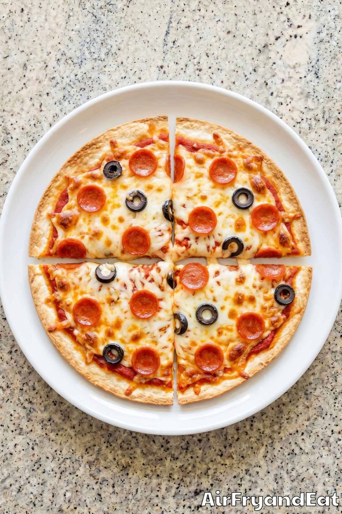 Golden air fryer tortilla pizza close-up