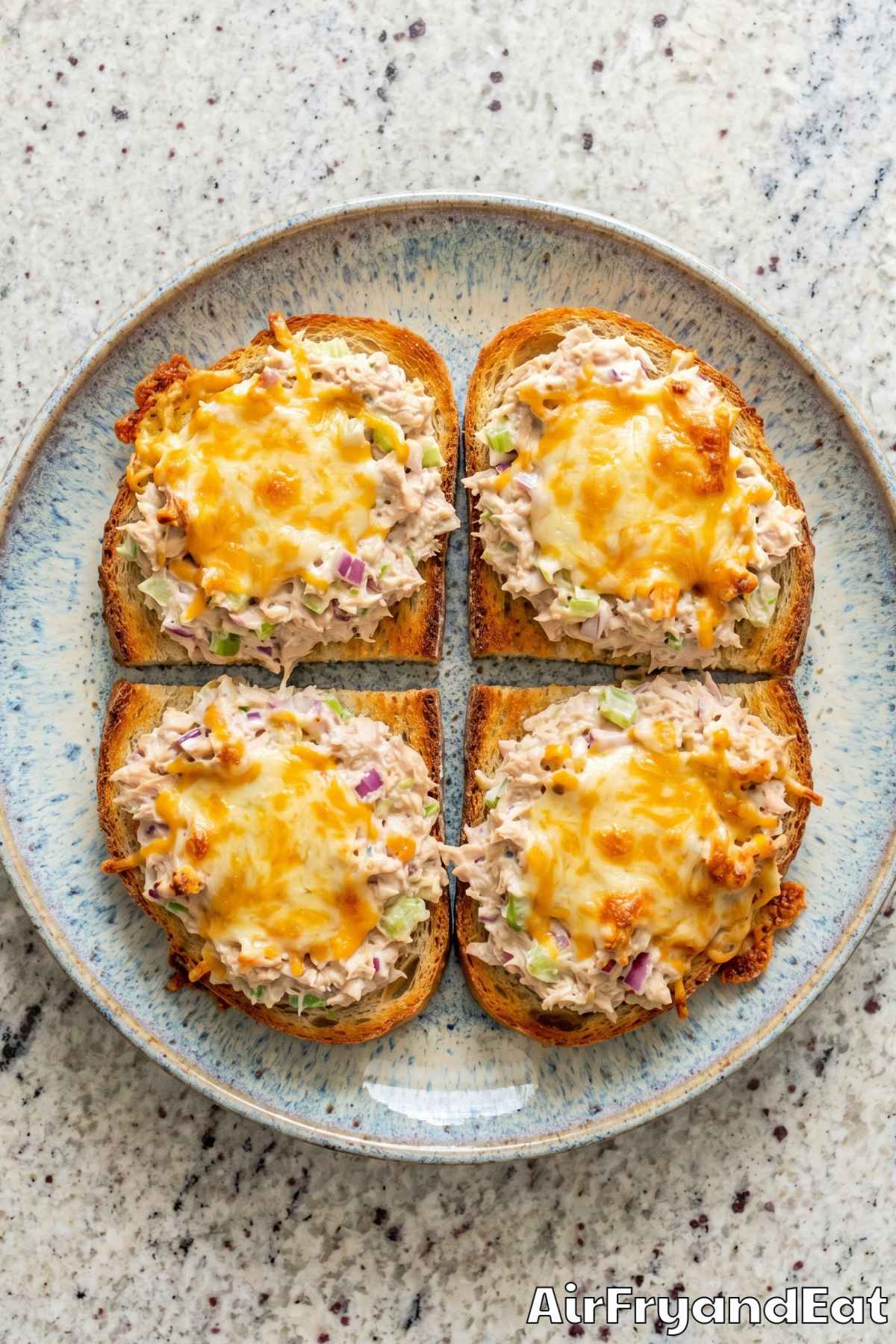 Easy air fryer tuna melts sliced in half