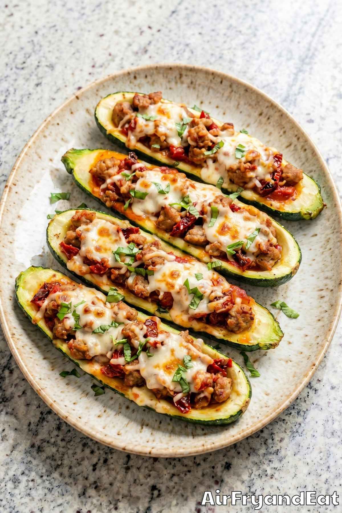 Wholesome air fryer zucchini boats on a tray