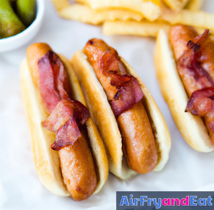 Air Fryer Bacon Wrapped Hot Dogs Easy Recipe AirFryAndEat