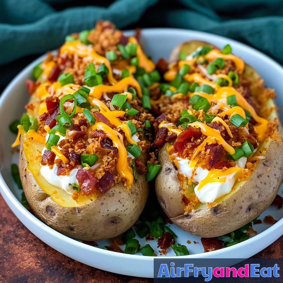 Air Fryer Loaded Baked Potatoes Easy Recipe AirFryAndEat